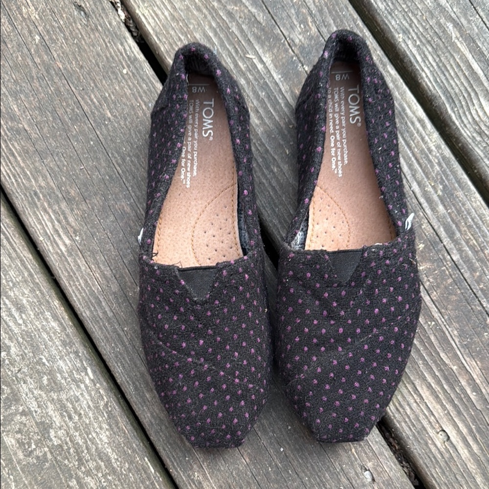 TOMS Black and Pink Dotted Slip-Ons